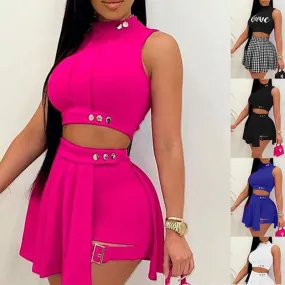 Purpdrank - Skirt Two Piece Set Women High Waist Mini Skirt Sets Black Sleeveless Button T-shirt Shorts Set White 2 Piece Sets Womens Outfit