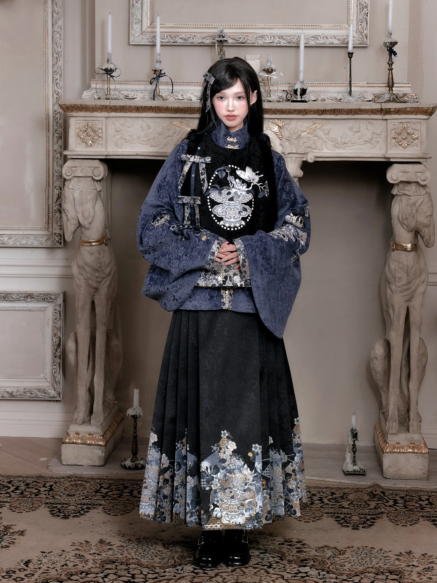 Qinghua Dianmo 青花点墨 Porcelain Ink Modern Ming Bijia Vest & Mamian Skirt Set