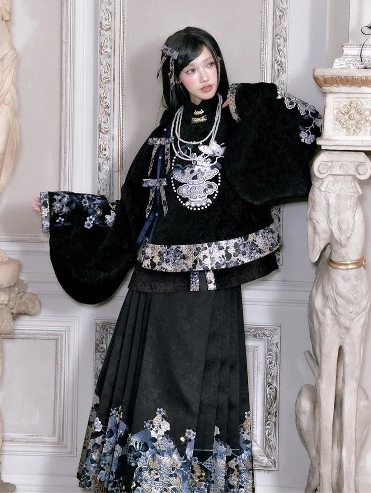 Qinghua Dianmo 青花点墨 Porcelain Ink Modern Ming Bijia Vest & Mamian Skirt Set