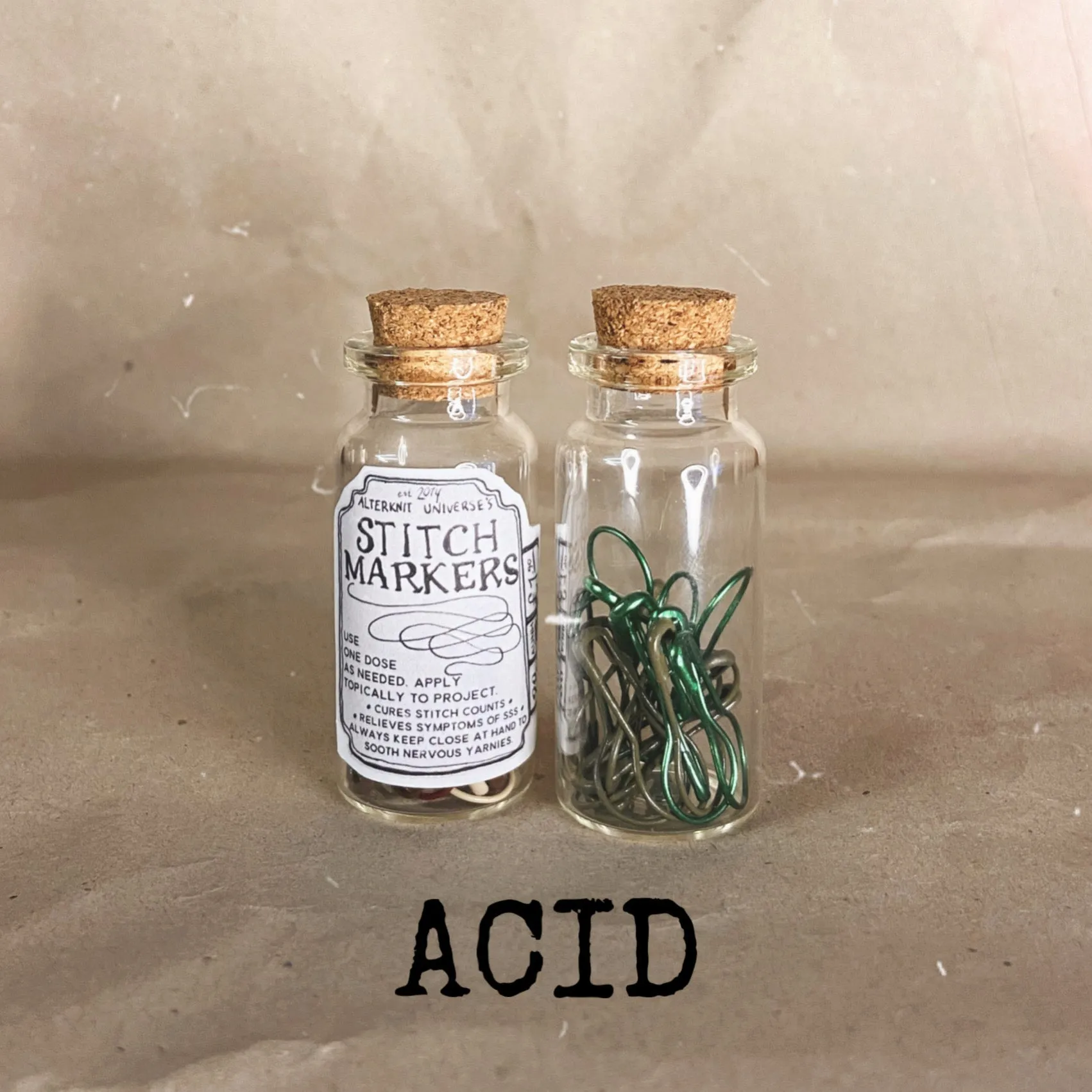 "Acid" Stitch Marker Tonic Bottles