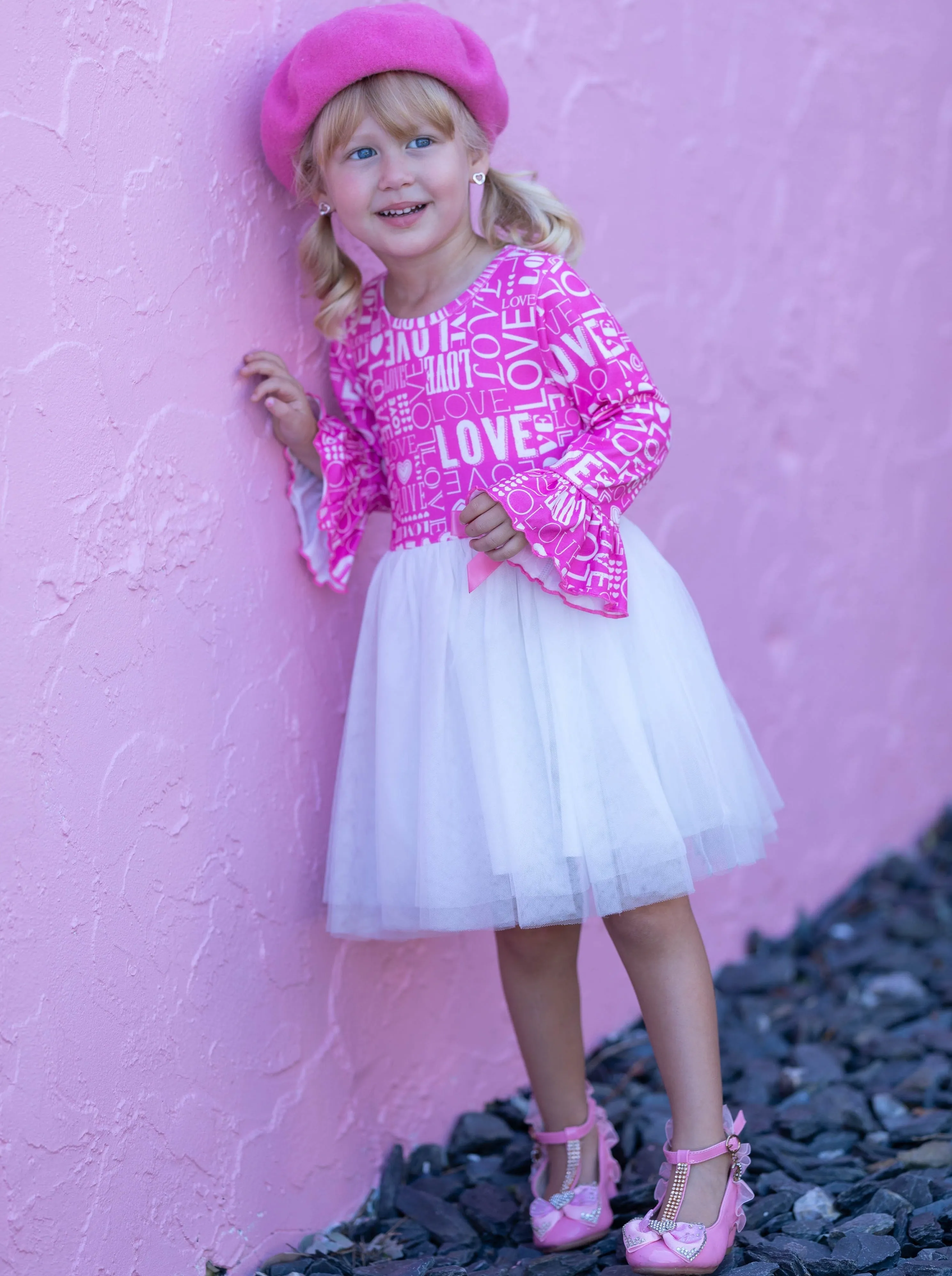 "Love" Print Ruffle Sleeve Tutu Dress