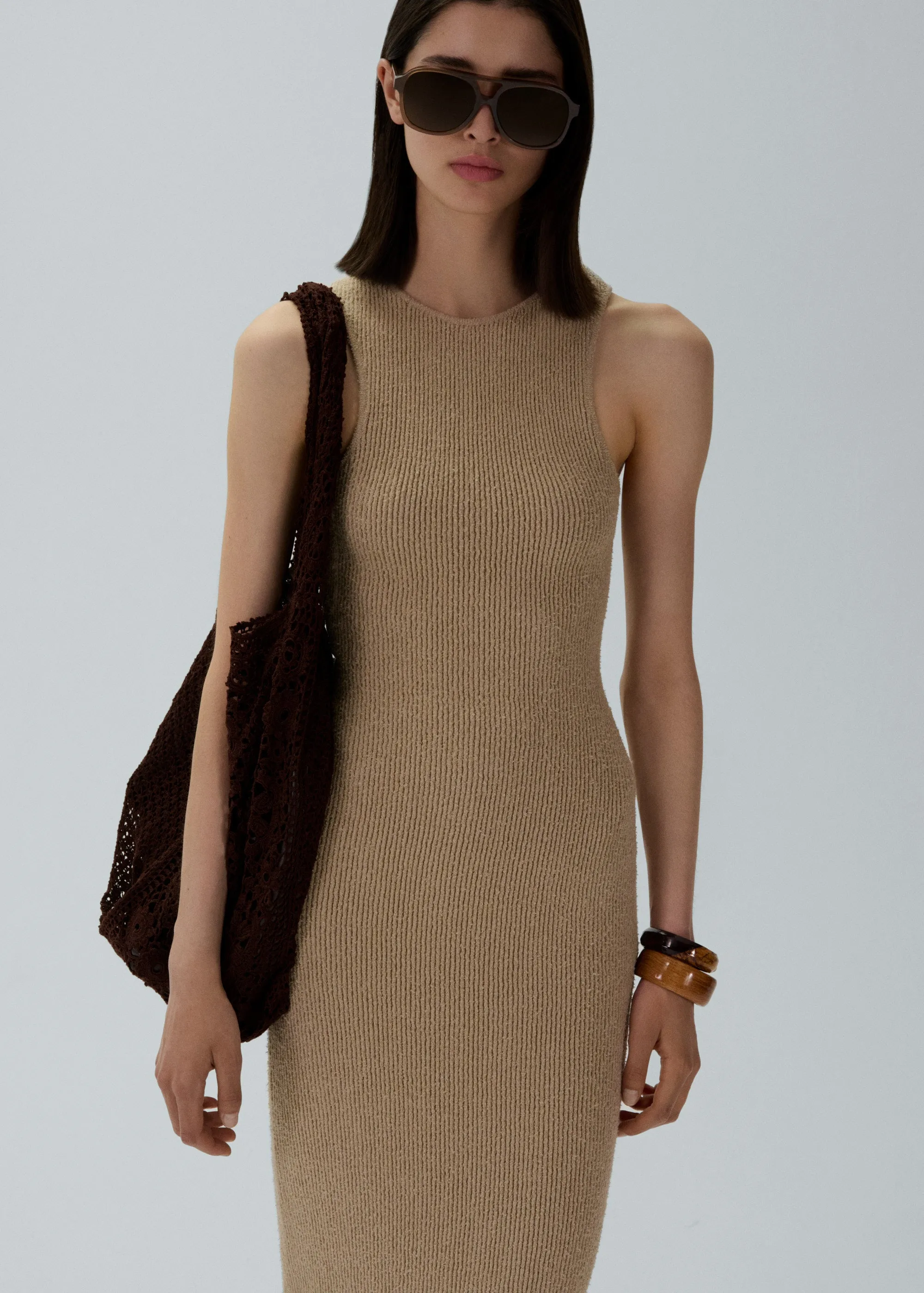 Racerfront ribbed knitwear dress in beige