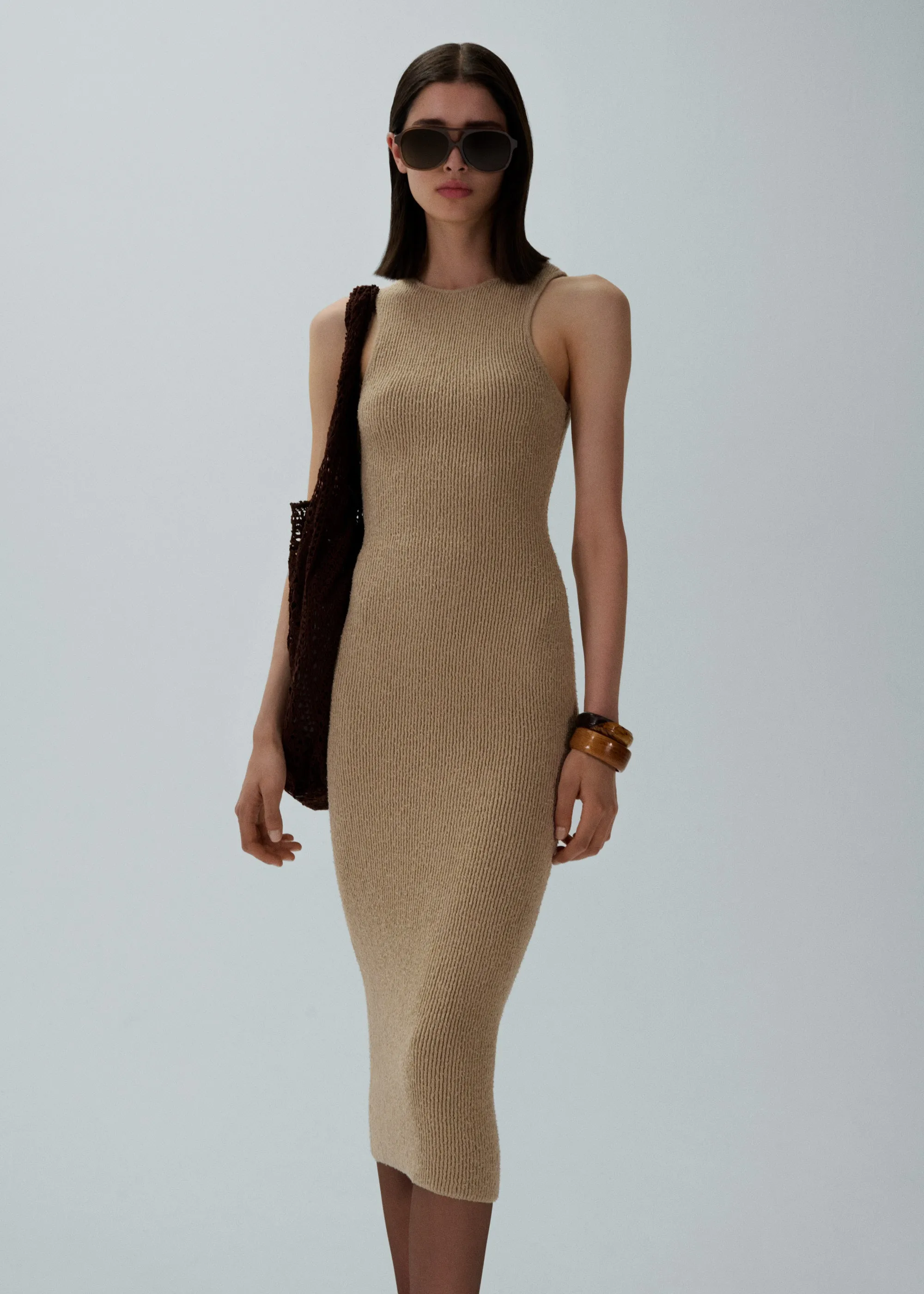 Racerfront ribbed knitwear dress in beige