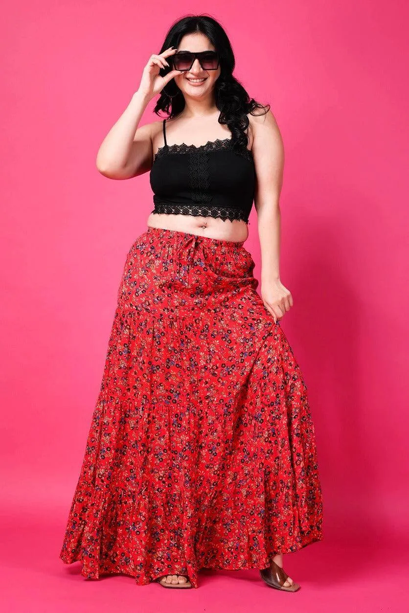 Red Floral Printed Maxi Skirt