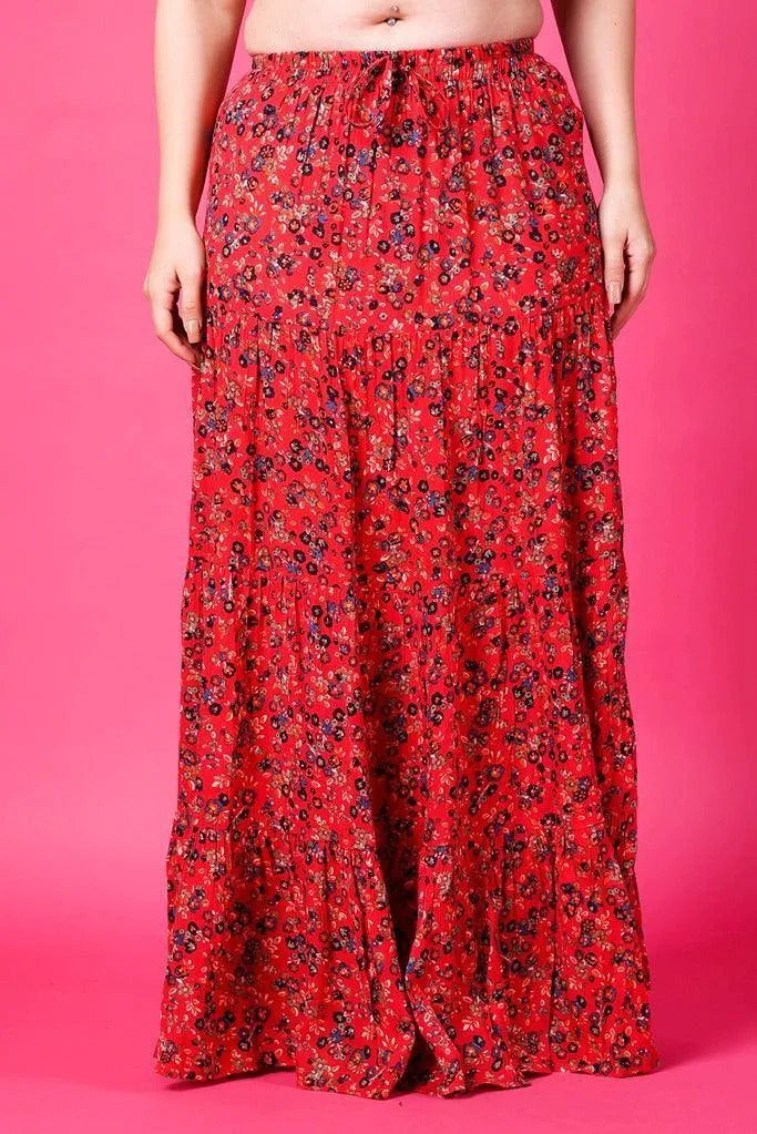 Red Floral Printed Maxi Skirt