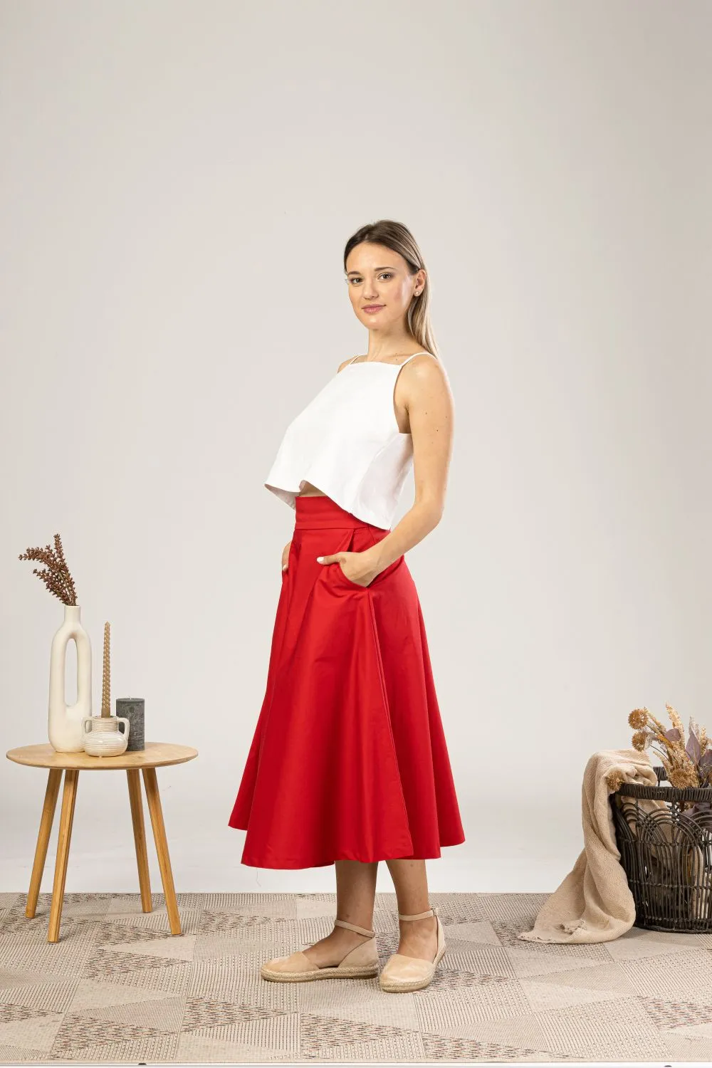 Red Midi Flared Circle Skirt