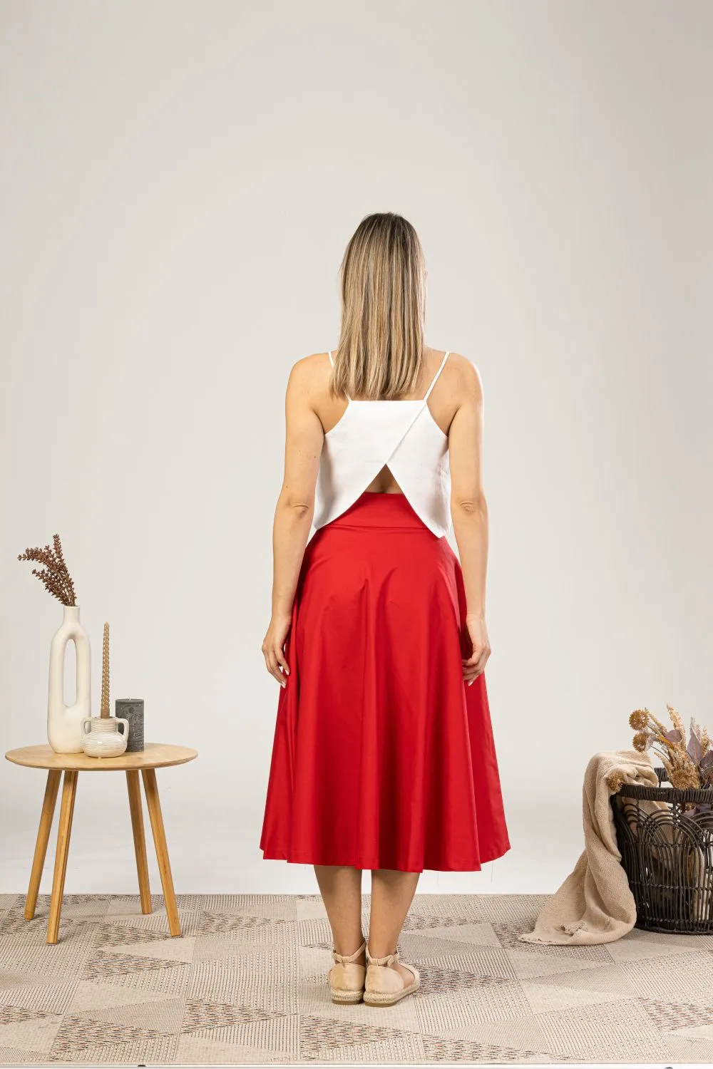 Red Midi Flared Circle Skirt