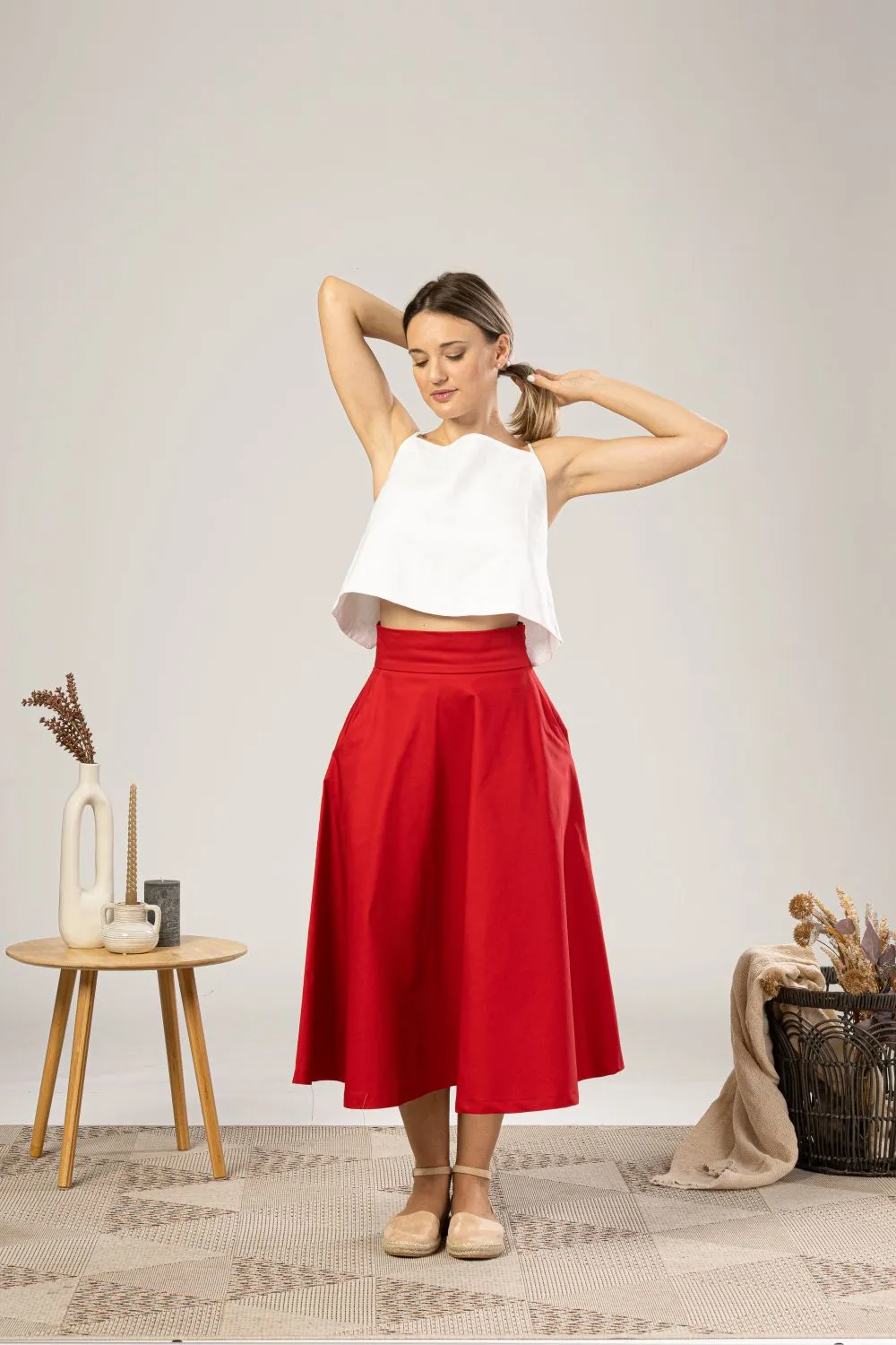 Red Midi Flared Circle Skirt