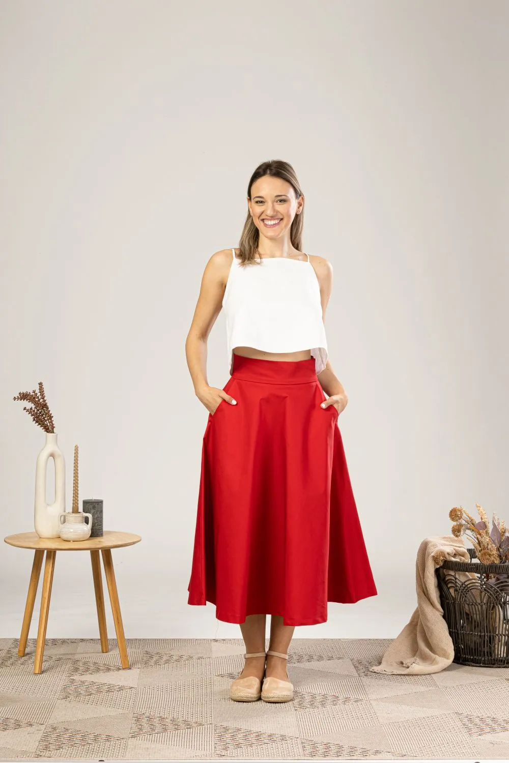 Red Midi Flared Circle Skirt