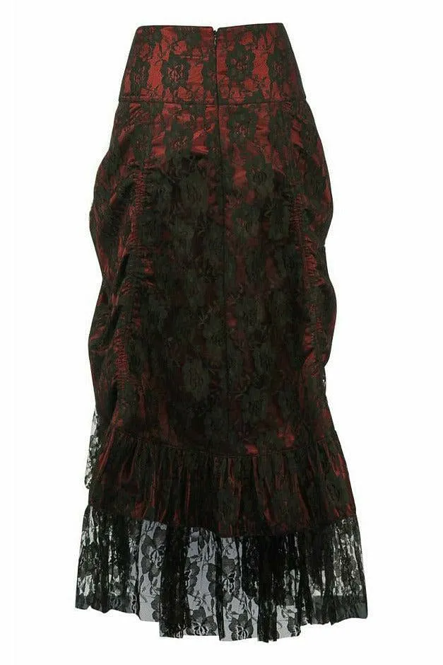 Red w/Black Lace Overlay Ruched Bustle Skirt