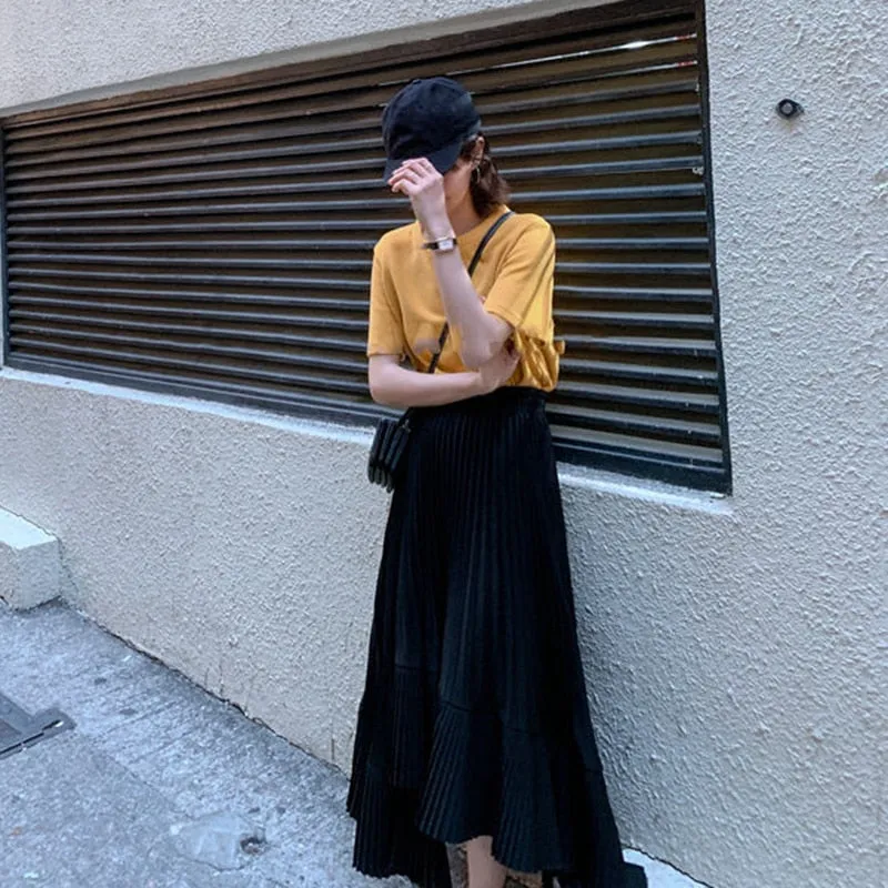 Reno Pleated Asymmetrical Long Skirt