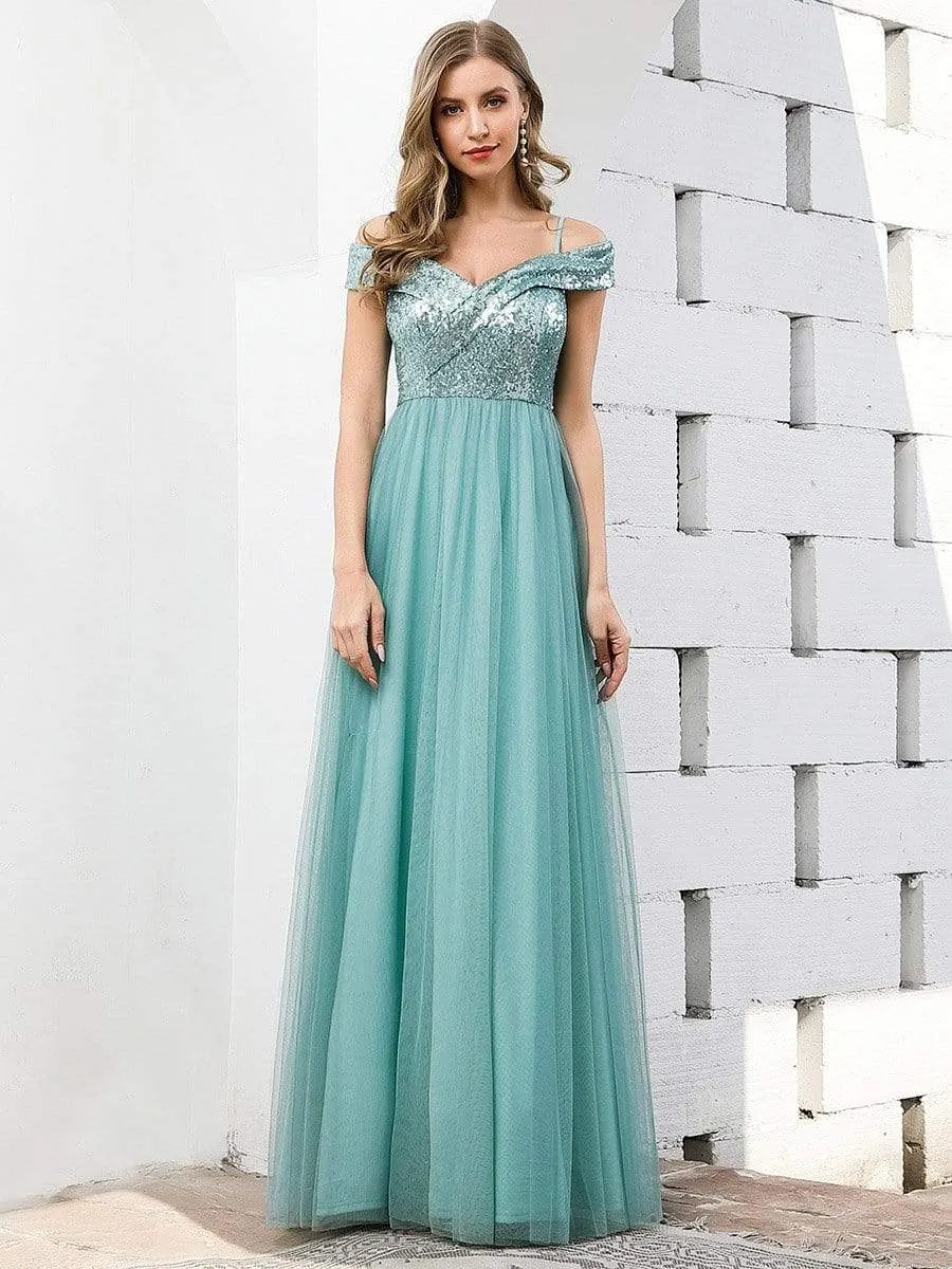 Romantic Off Shoulder Tulle and Sequin Bridesmaid Dress with Strap