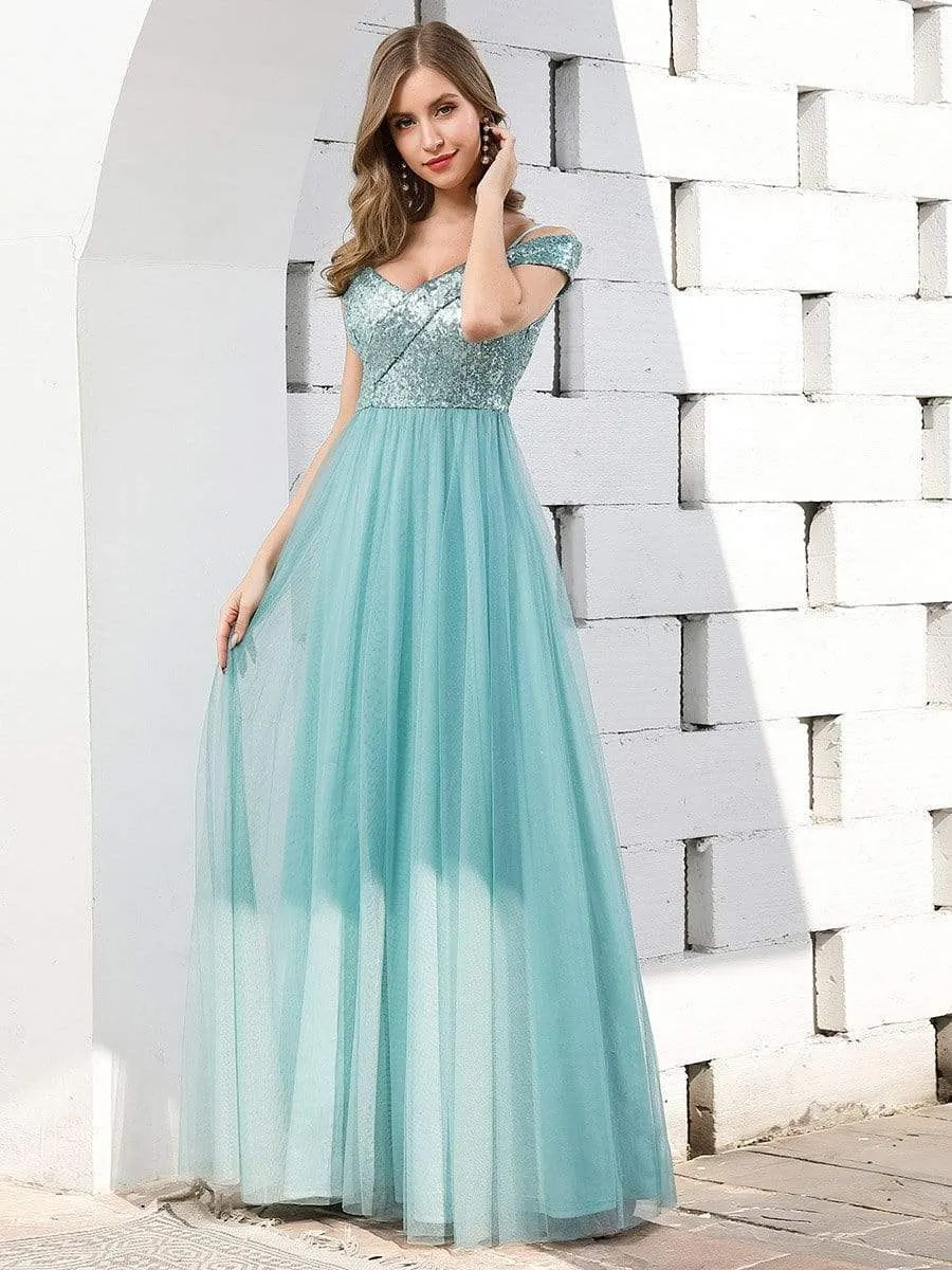 Romantic Off Shoulder Tulle and Sequin Bridesmaid Dress with Strap