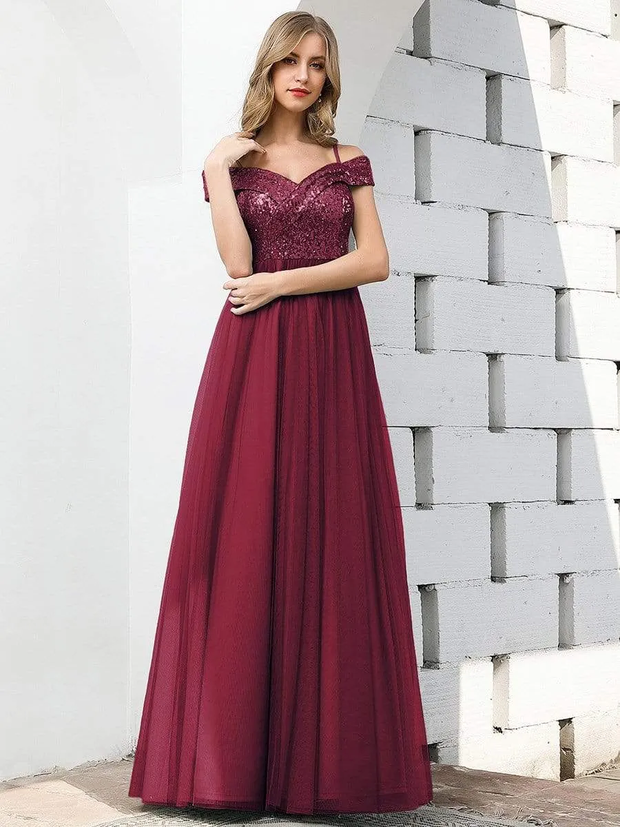 Romantic Off Shoulder Tulle and Sequin Bridesmaid Dress with Strap