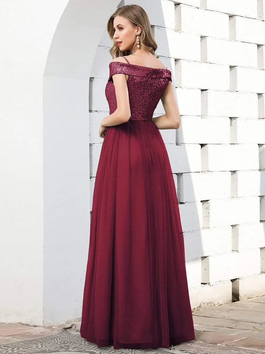 Romantic Off Shoulder Tulle and Sequin Bridesmaid Dress with Strap