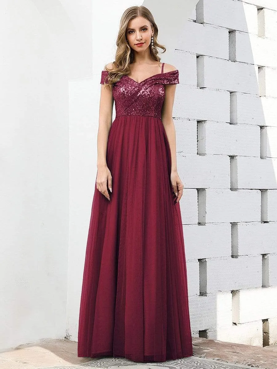 Romantic Off Shoulder Tulle and Sequin Bridesmaid Dress with Strap