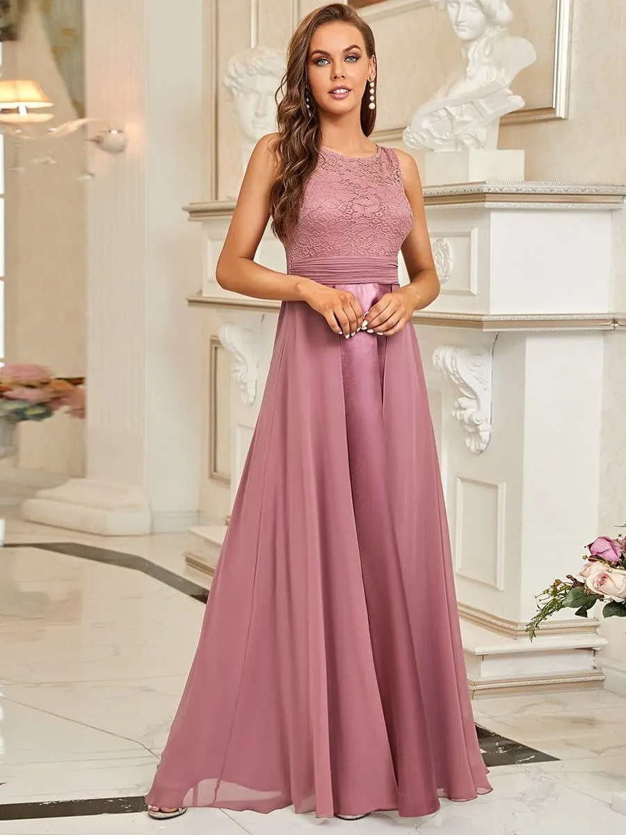 Round Neck Lace and Chiffon Long Evening Dress