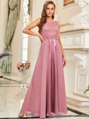 Round Neck Lace and Chiffon Long Evening Dress