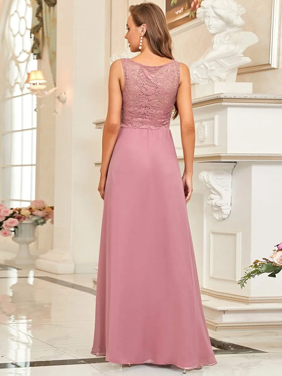 Round Neck Lace and Chiffon Long Evening Dress