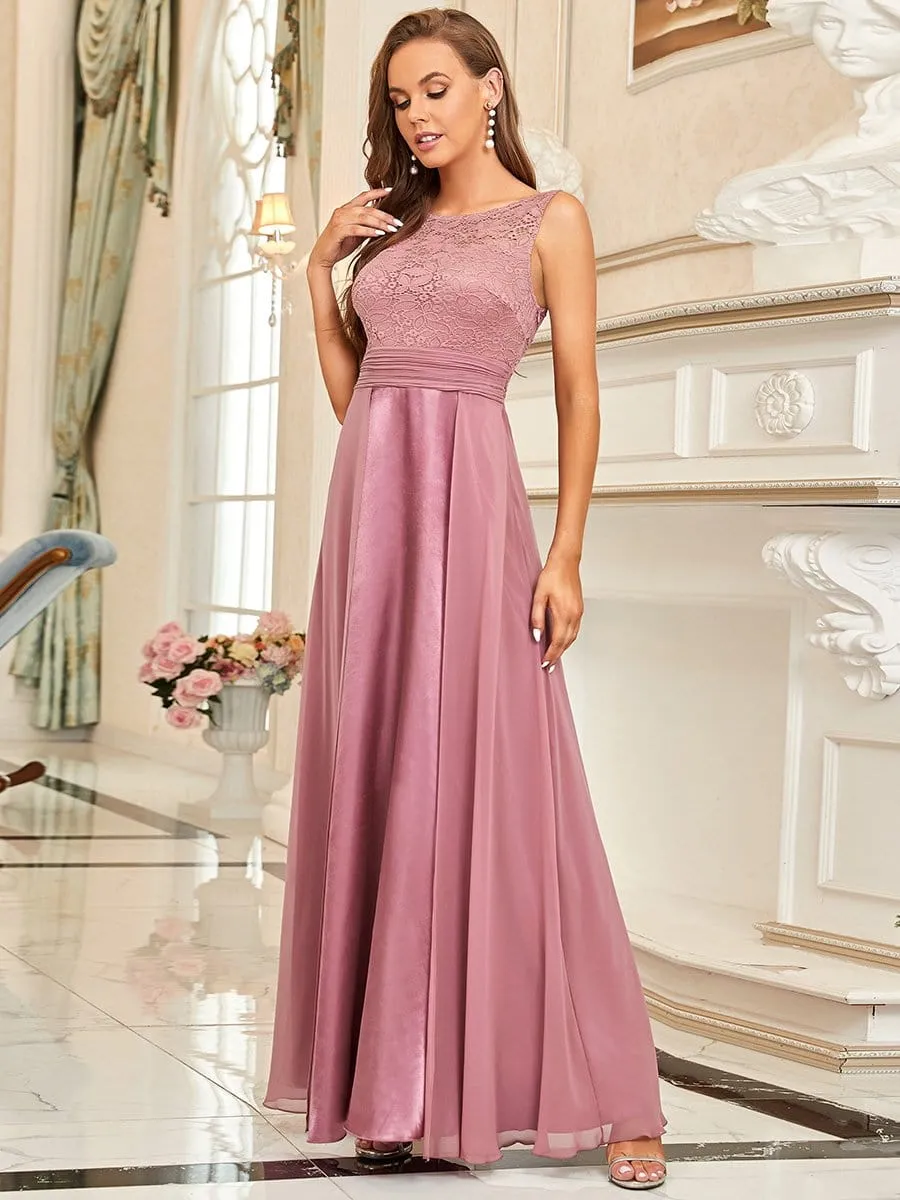 Round Neck Lace and Chiffon Long Evening Dress