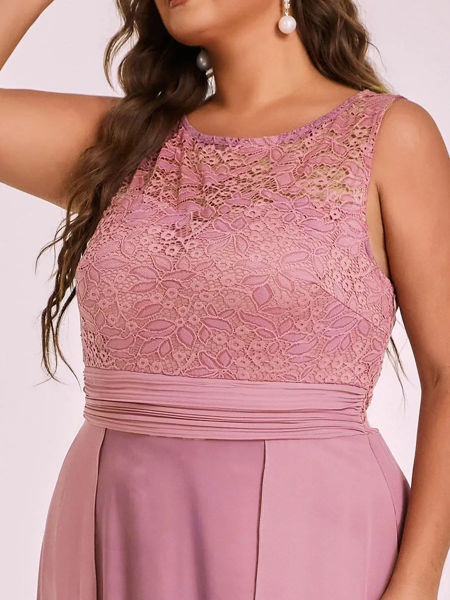 Round Neck Lace Bodice Chiffon Plus Size Evening Dresses