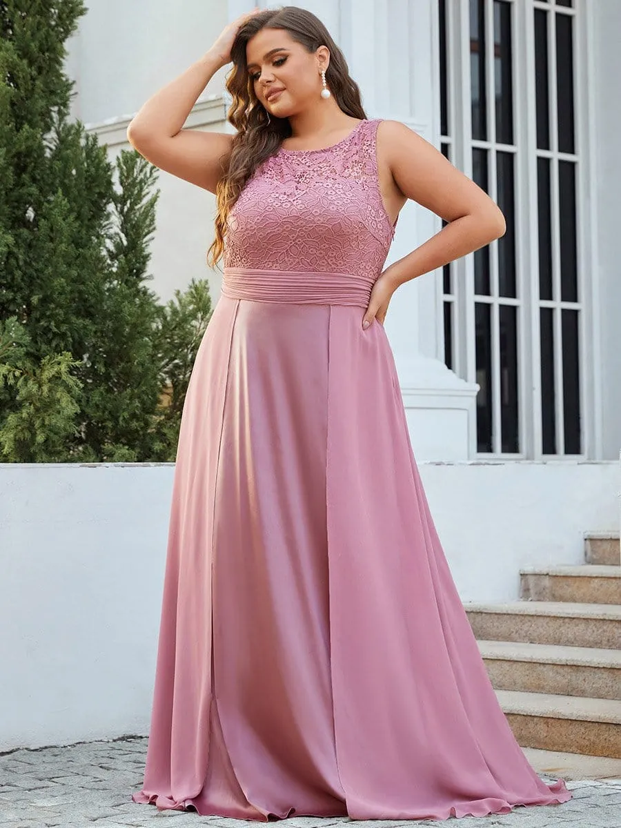 Round Neck Lace Bodice Chiffon Plus Size Evening Dresses