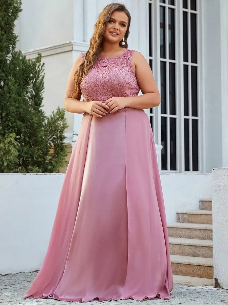 Round Neck Lace Bodice Chiffon Plus Size Evening Dresses