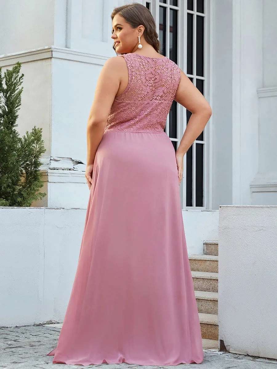 Round Neck Lace Bodice Chiffon Plus Size Evening Dresses