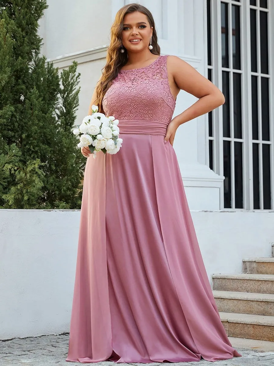 Round Neck Lace Bodice Chiffon Plus Size Evening Dresses