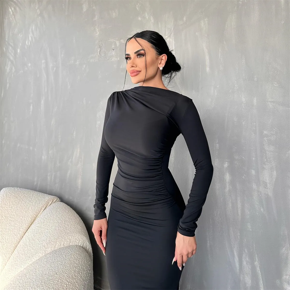 Round Neck Long Sleeve Sexy Dress