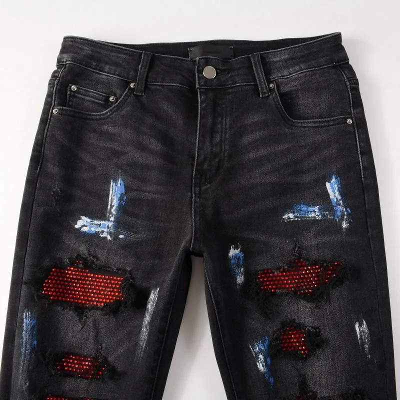 Ruby Distressed Rhinestone Slim Black Jeans