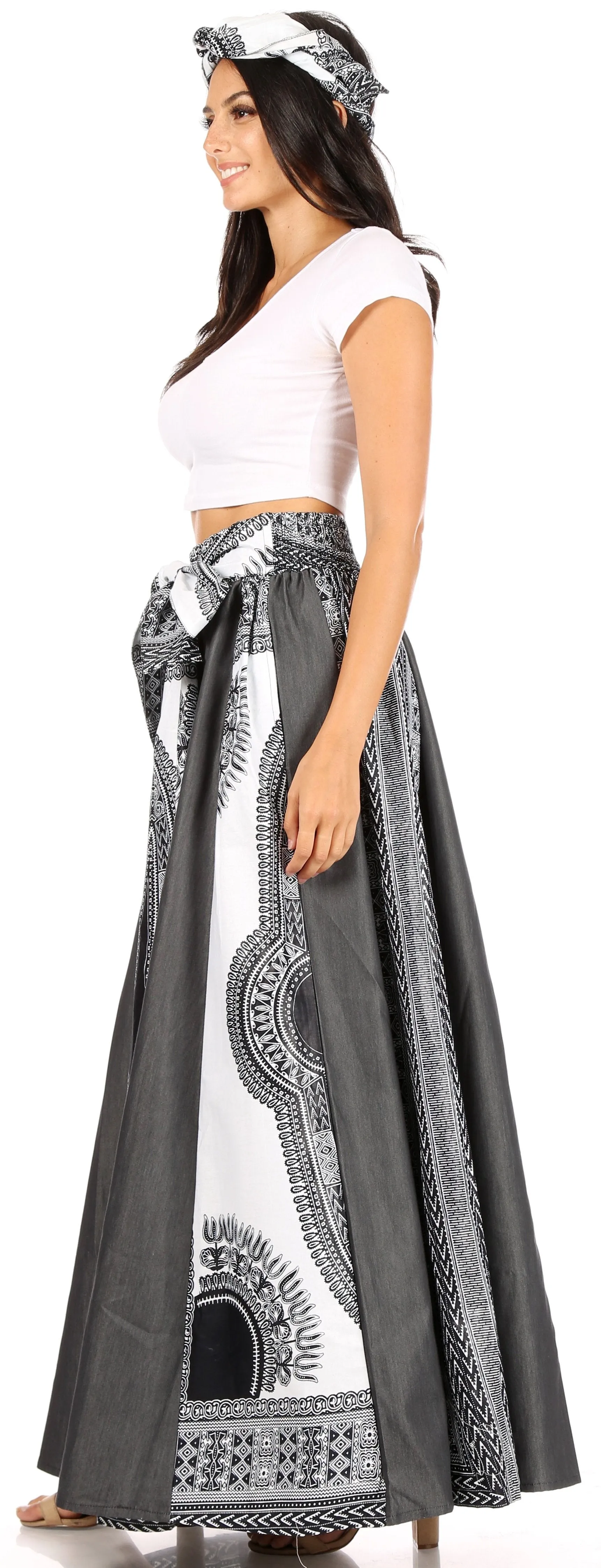 Sakkas Elif Women's Long Maxi African Ankara Print Skirt Elastic Waist & Pockets