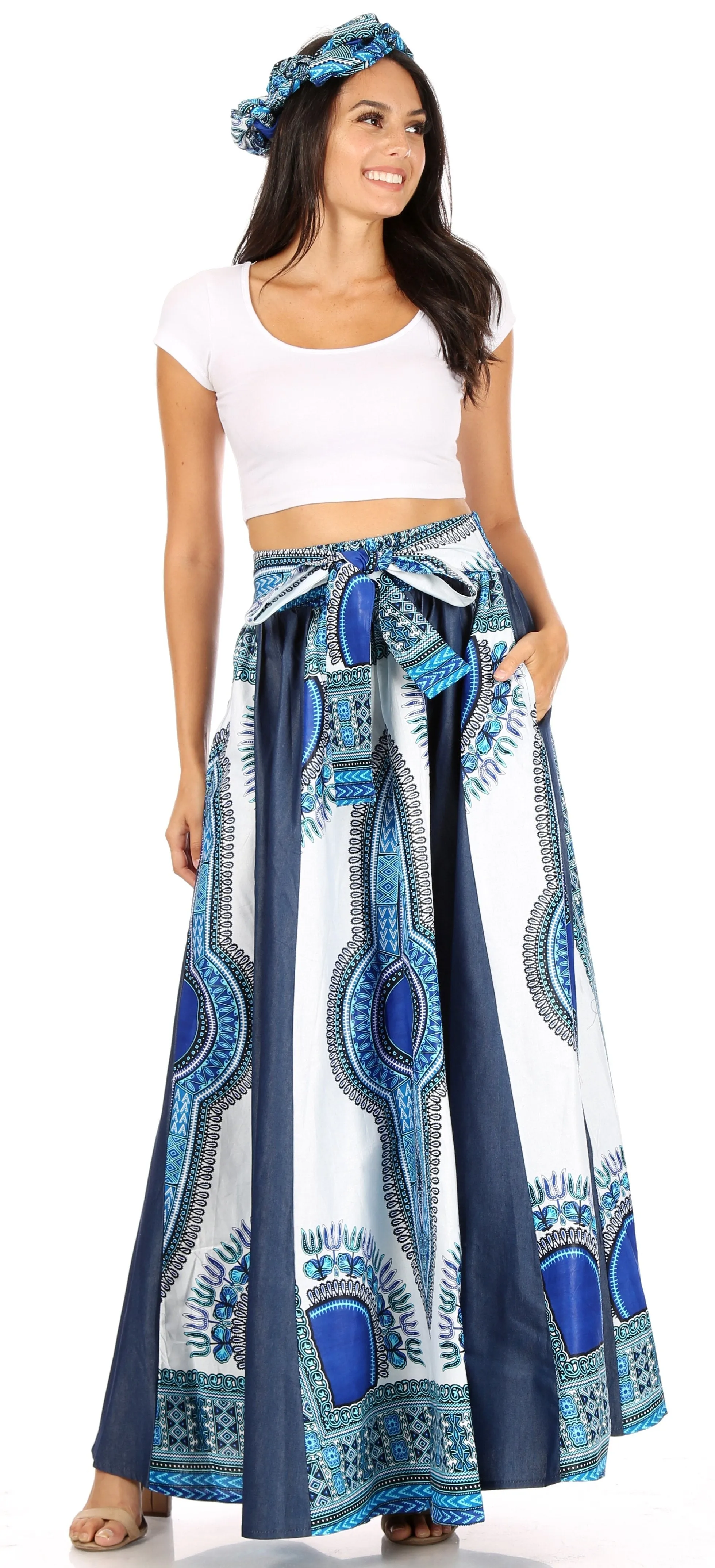 Sakkas Elif Women's Long Maxi African Ankara Print Skirt Elastic Waist & Pockets