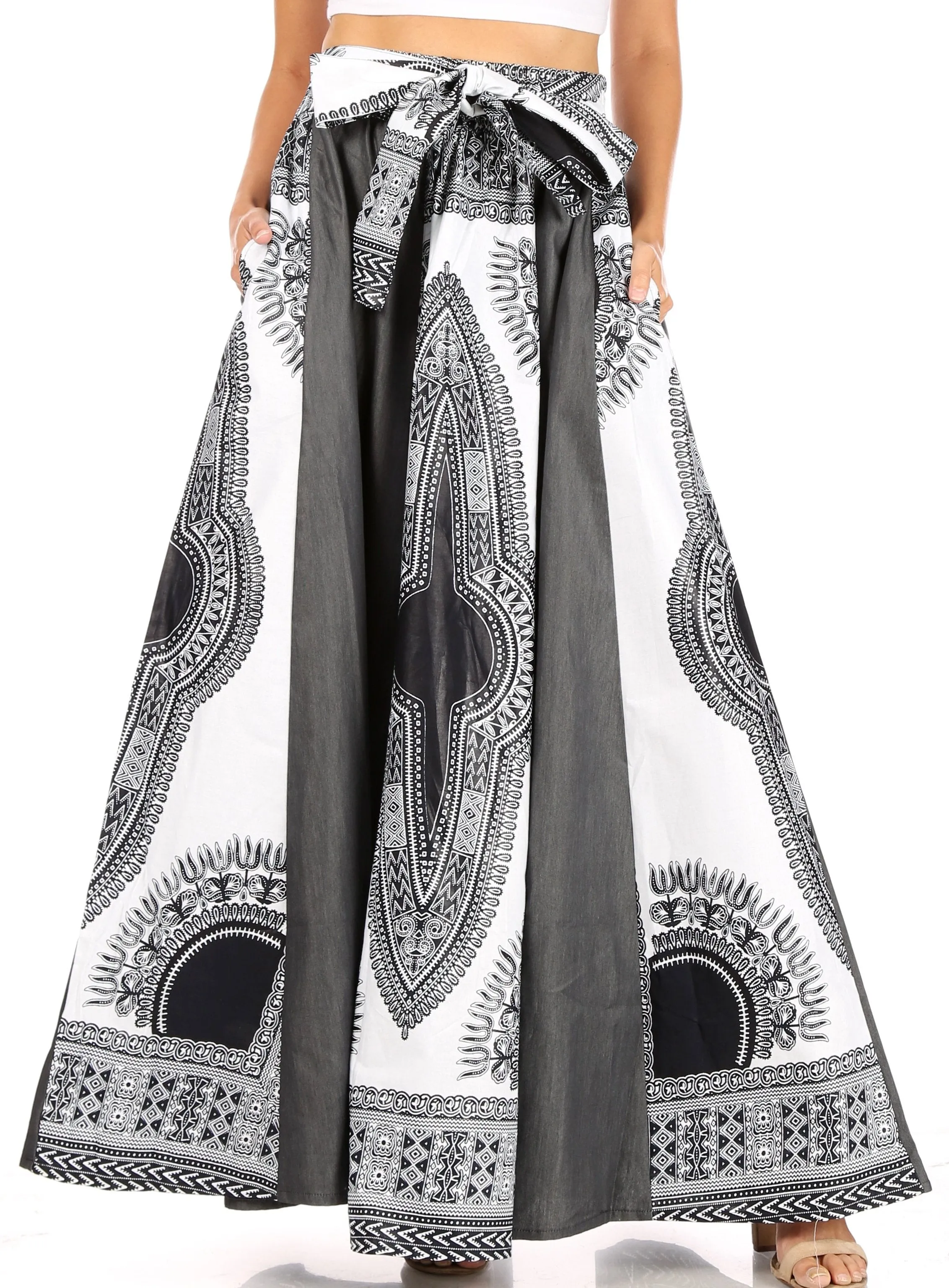 Sakkas Elif Women's Long Maxi African Ankara Print Skirt Elastic Waist & Pockets