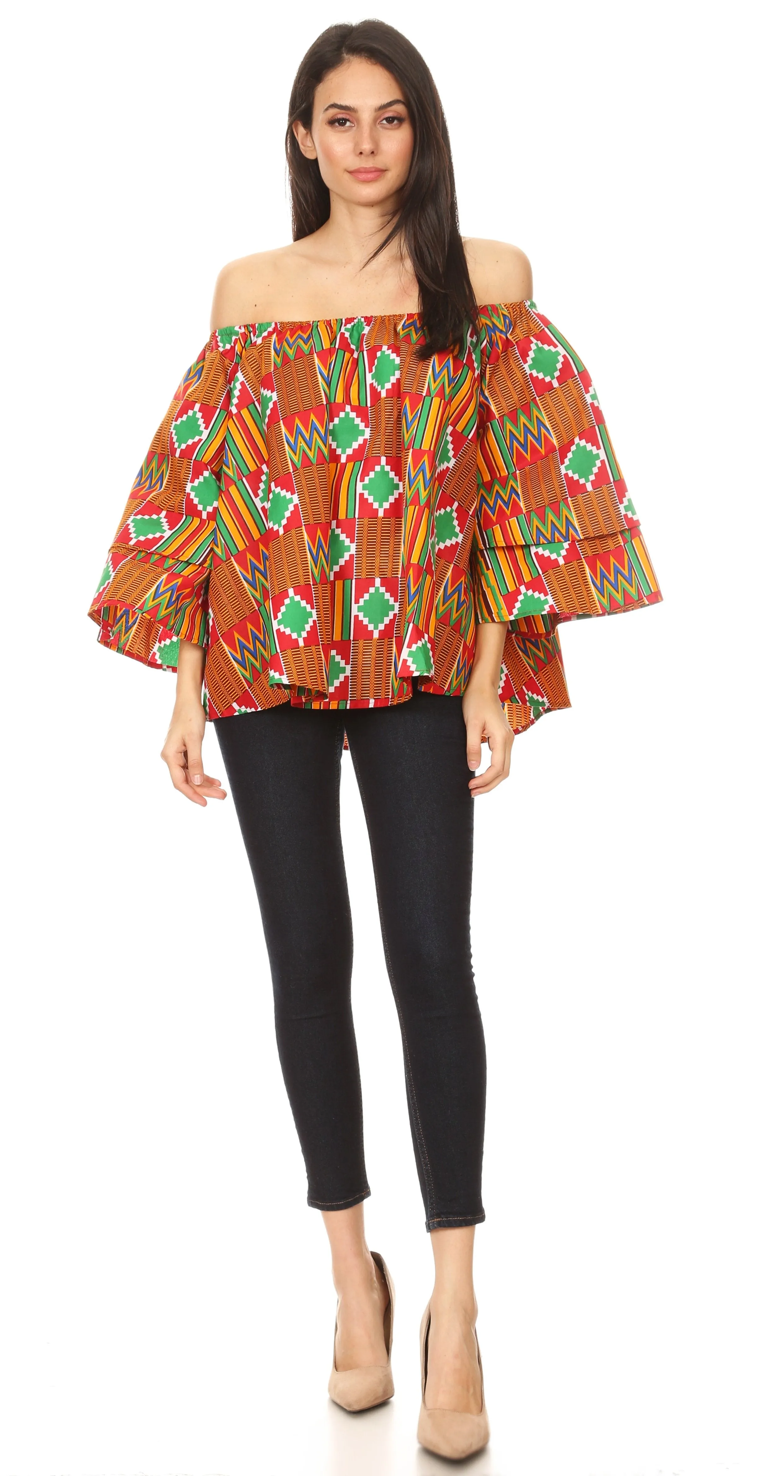 Sakkas Oni Women's Off the Shoulder African Ankara Wax Print Blouse Top Oversize