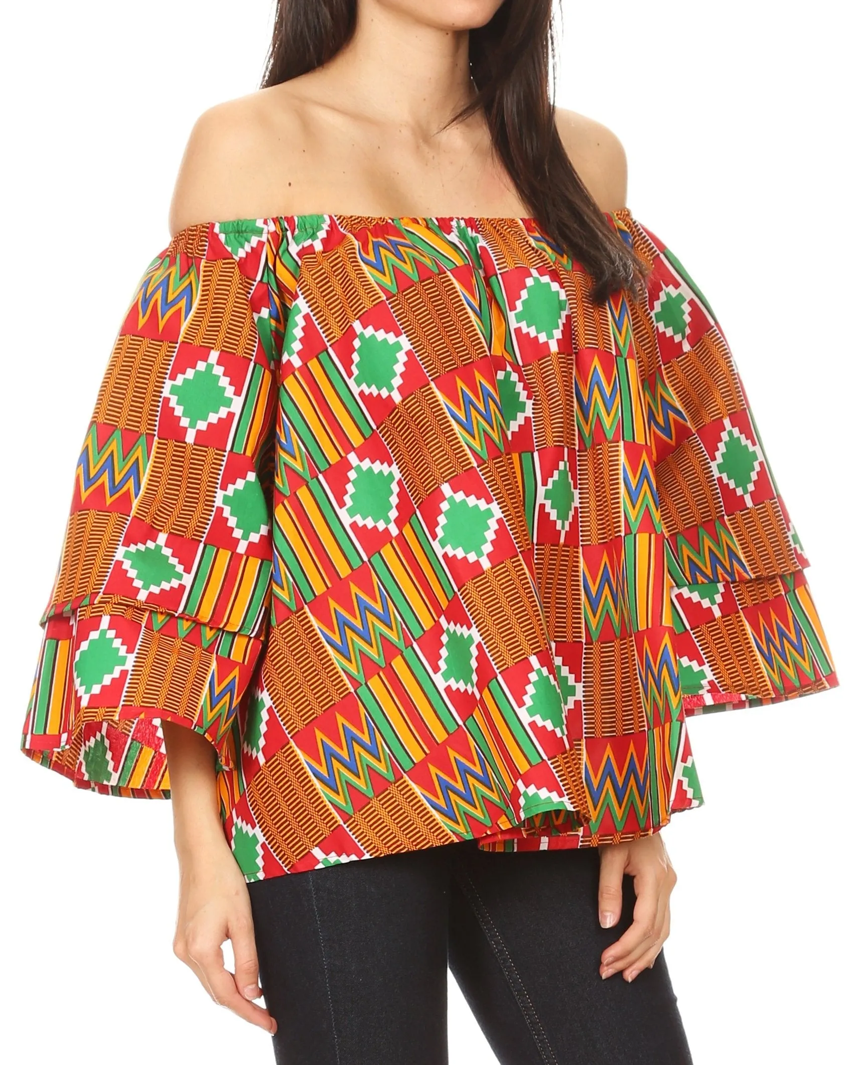 Sakkas Oni Women's Off the Shoulder African Ankara Wax Print Blouse Top Oversize