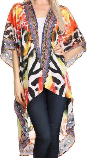 Sakkas Osiris Embellished Hi Low V-Neck Clasp Beach Cover-Up Kimono Kaftan Tunic