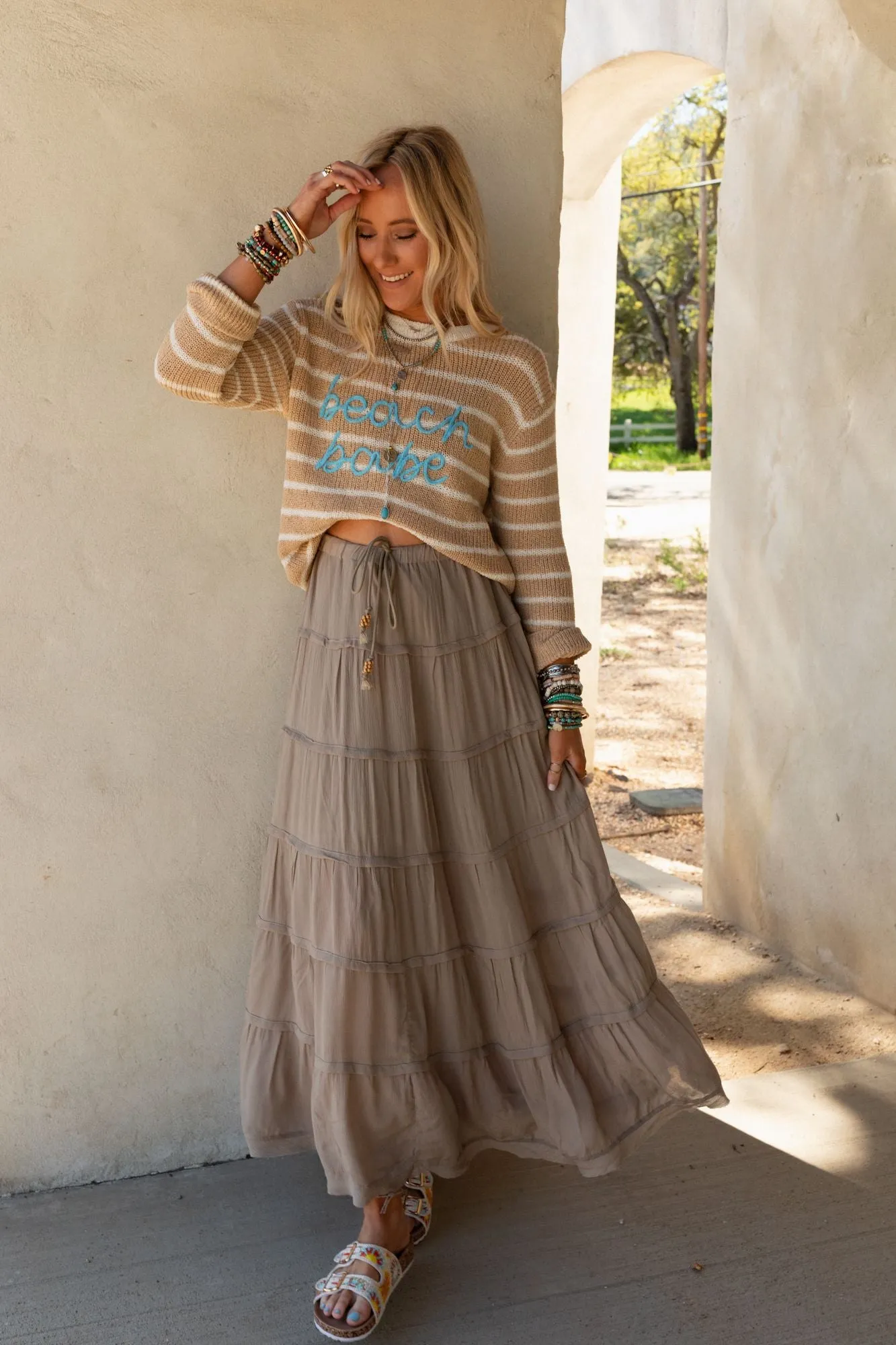 Sardinia Silky Tiered Maxi Skirt - Olive