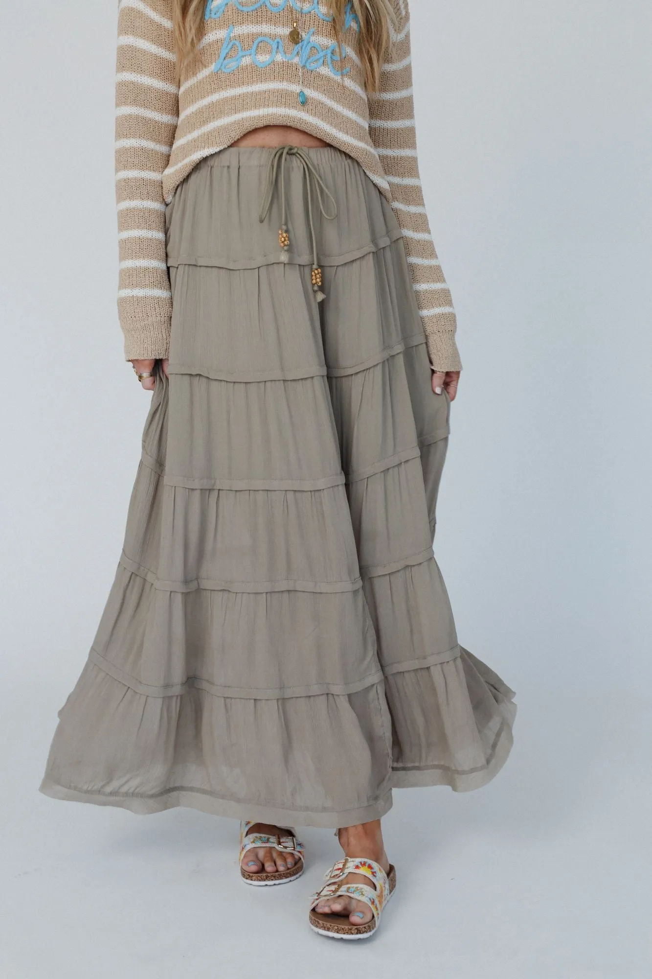 Sardinia Silky Tiered Maxi Skirt - Olive