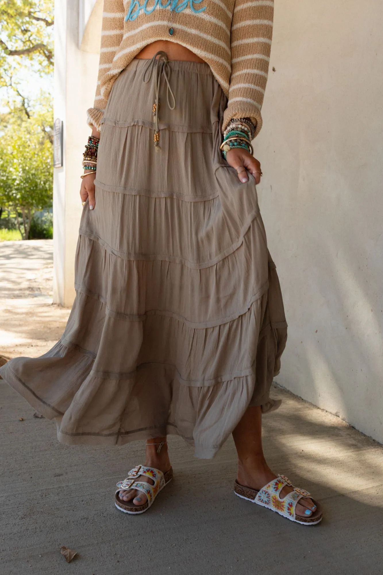 Sardinia Silky Tiered Maxi Skirt - Olive