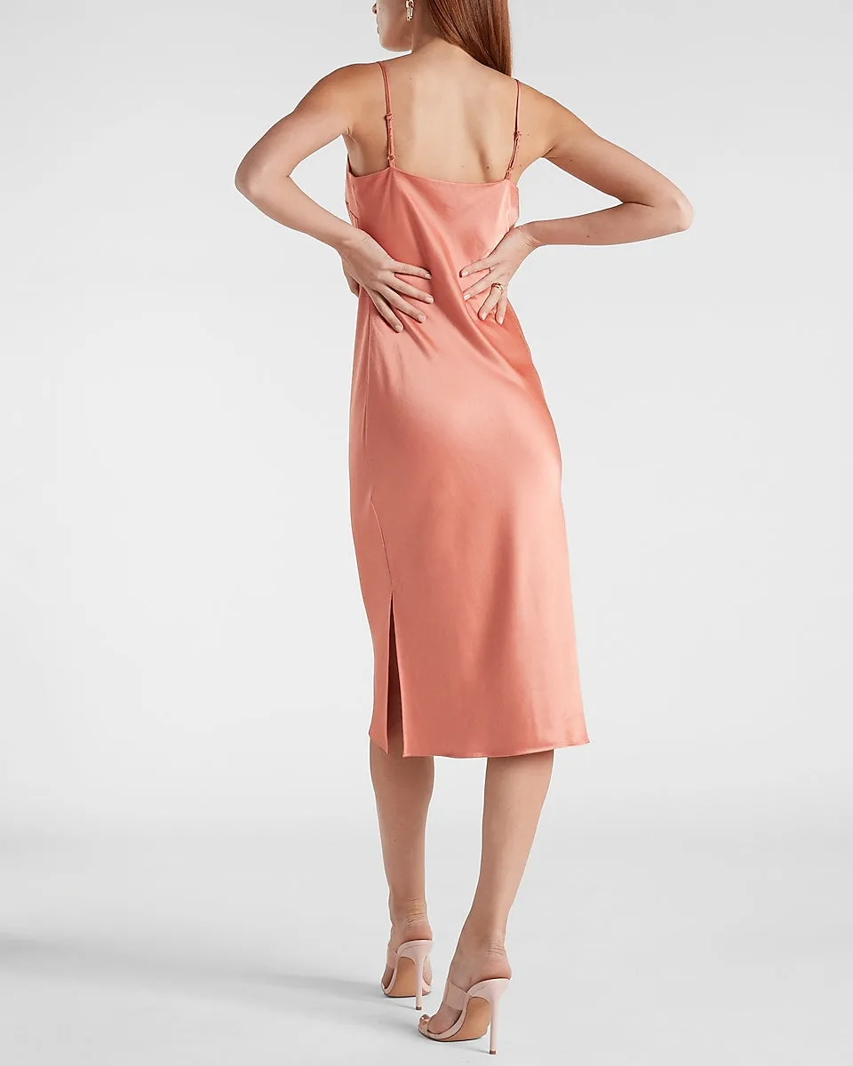 Satin Cowl Neck Midi Slip Dress in Terra Cotta