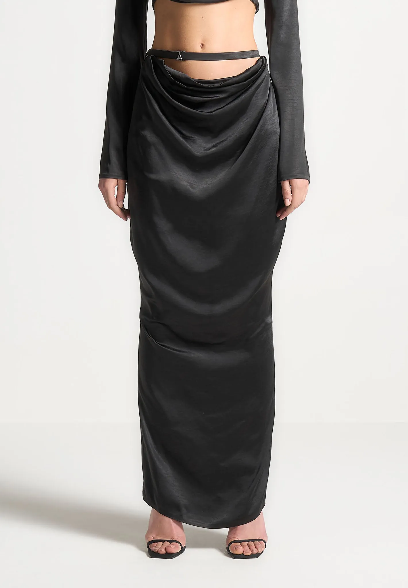 Satin Drape Belted Maxi Skirt - Black