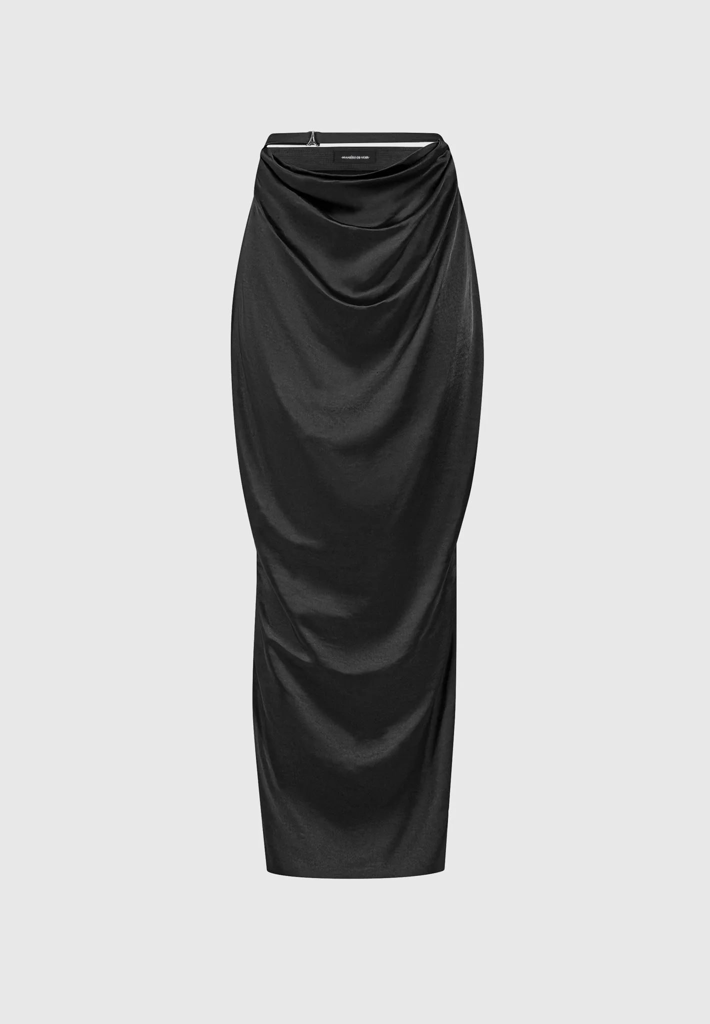 Satin Drape Belted Maxi Skirt - Black