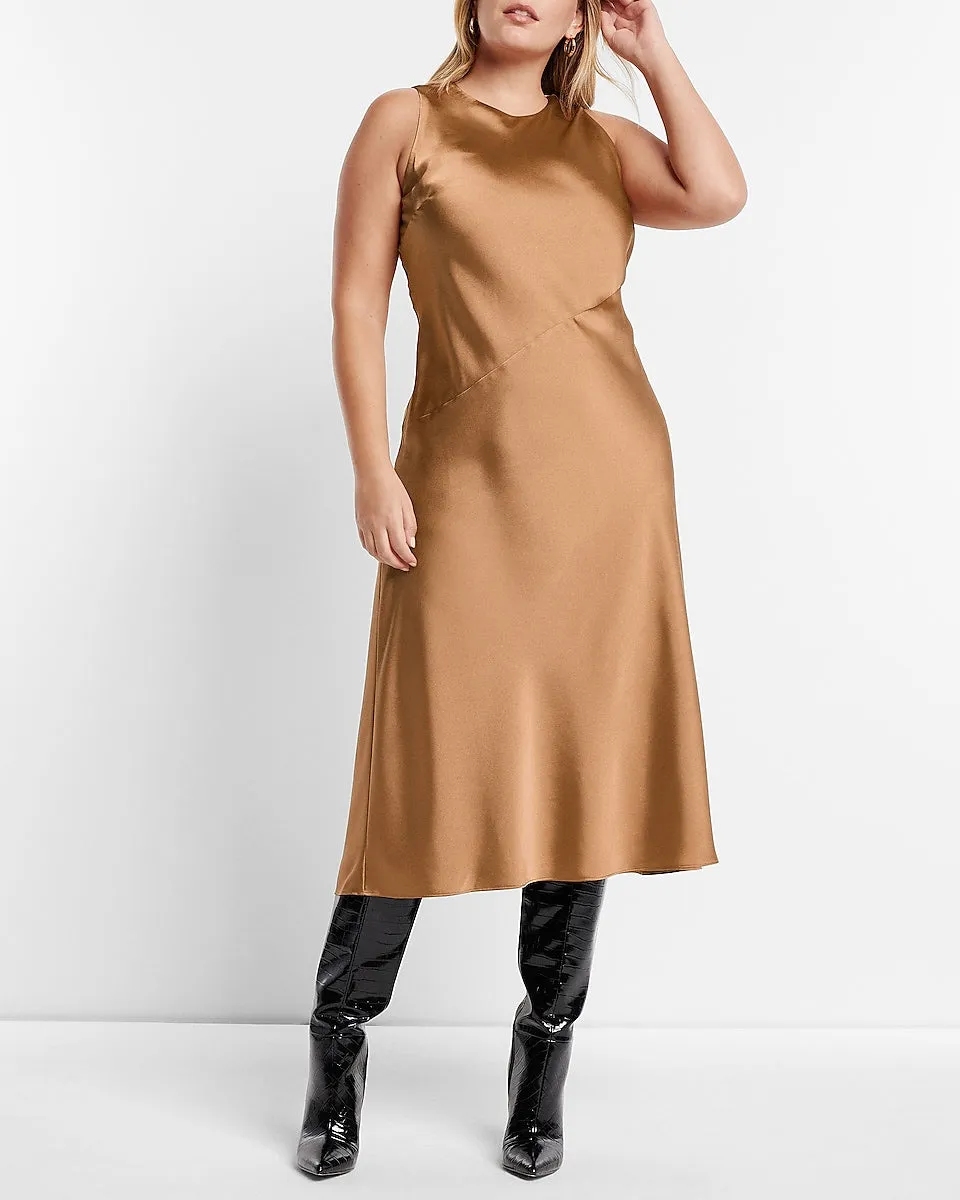 Satin High Neck Slip Midi Dress in Butterscotch