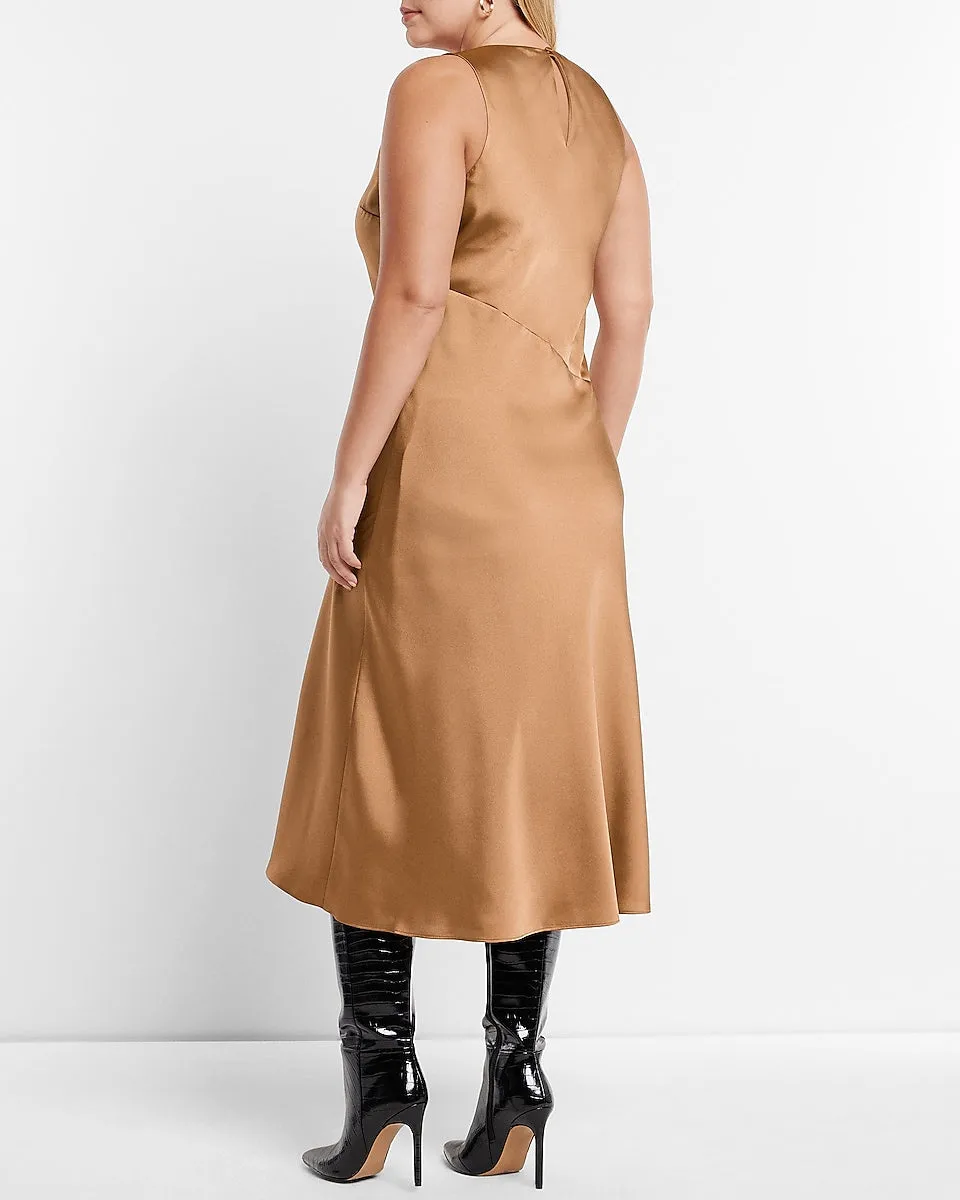 Satin High Neck Slip Midi Dress in Butterscotch