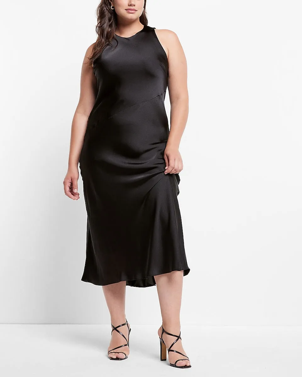 Satin High Neck Slip Midi Dress in Pitch Black