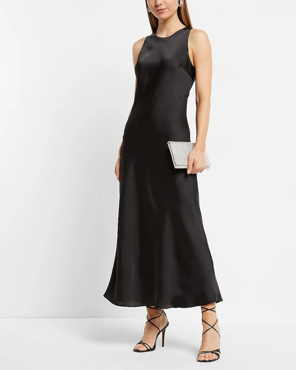 Satin High Neck Slip Midi Dress in Pitch Black