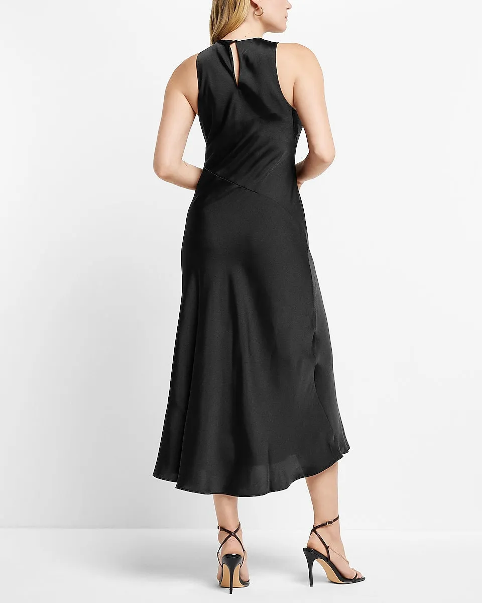 Satin High Neck Slip Midi Dress in Pitch Black