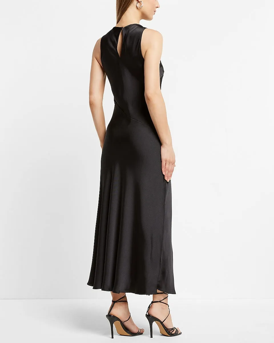 Satin High Neck Slip Midi Dress in Pitch Black