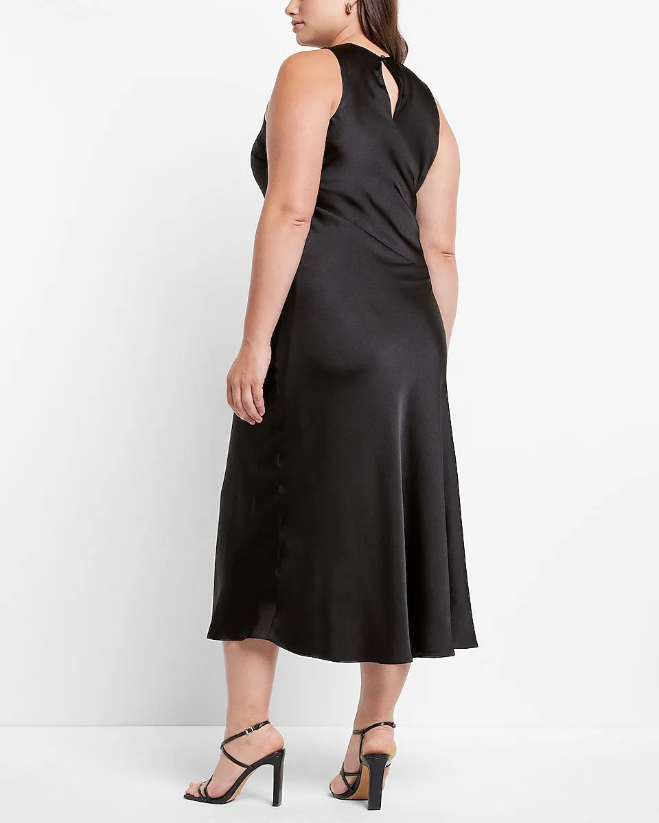 Satin High Neck Slip Midi Dress in Pitch Black